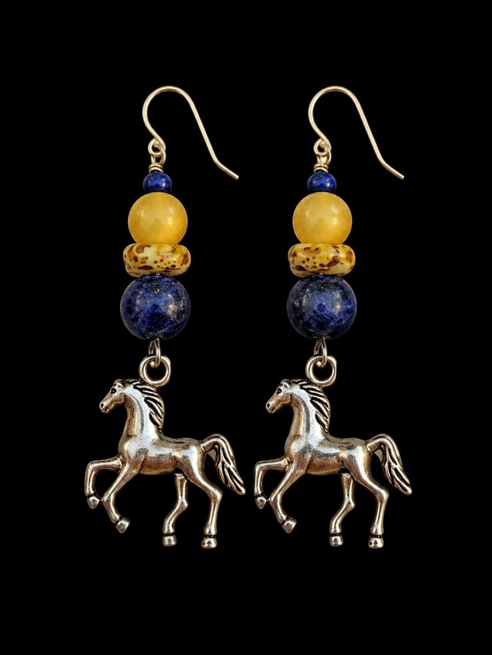HANDMADE Cowboy Core Lapis Czech Glass Horse Charm Dangle Hook Earrings